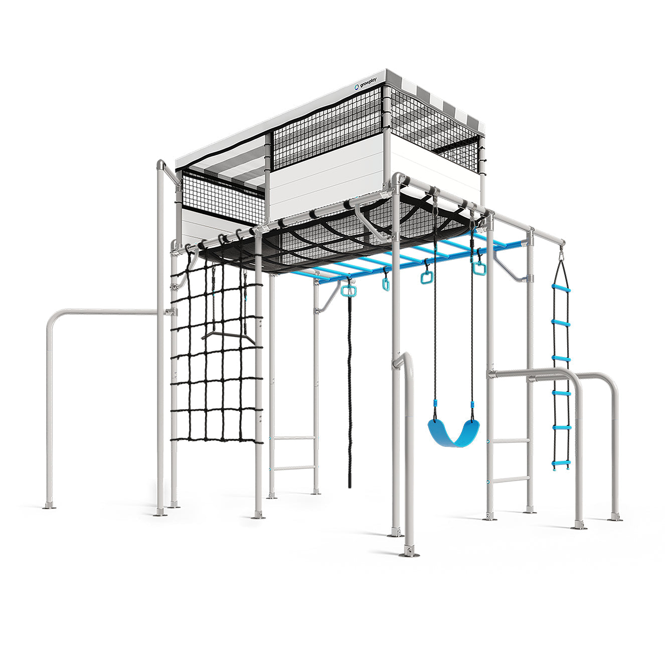 Children's play structure with platforms, ladders, and swing set on a white background
