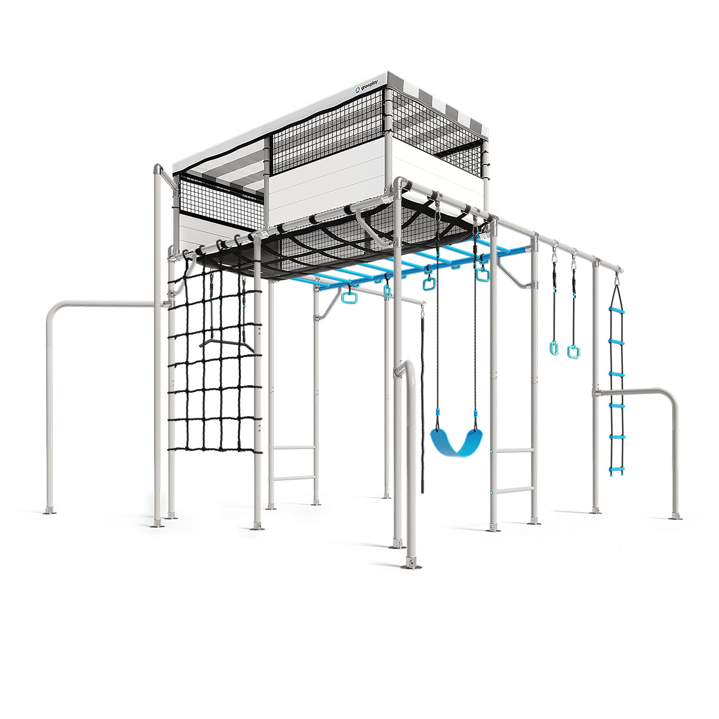Children's play structure with platforms, ladders, and swings on a white background