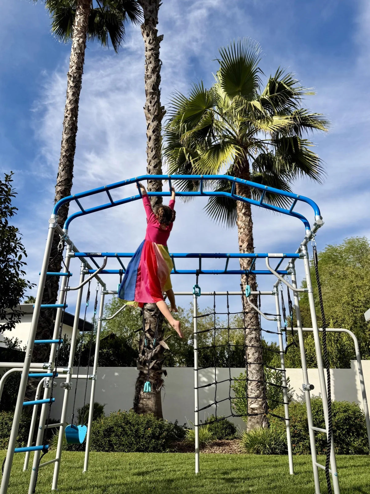 Monkey Bridge in use on a Growplay frame in a family garden