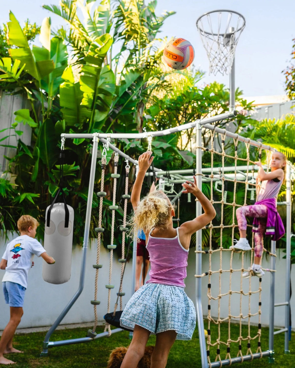 Netball Ring in use on a Growplay frame in a family garden